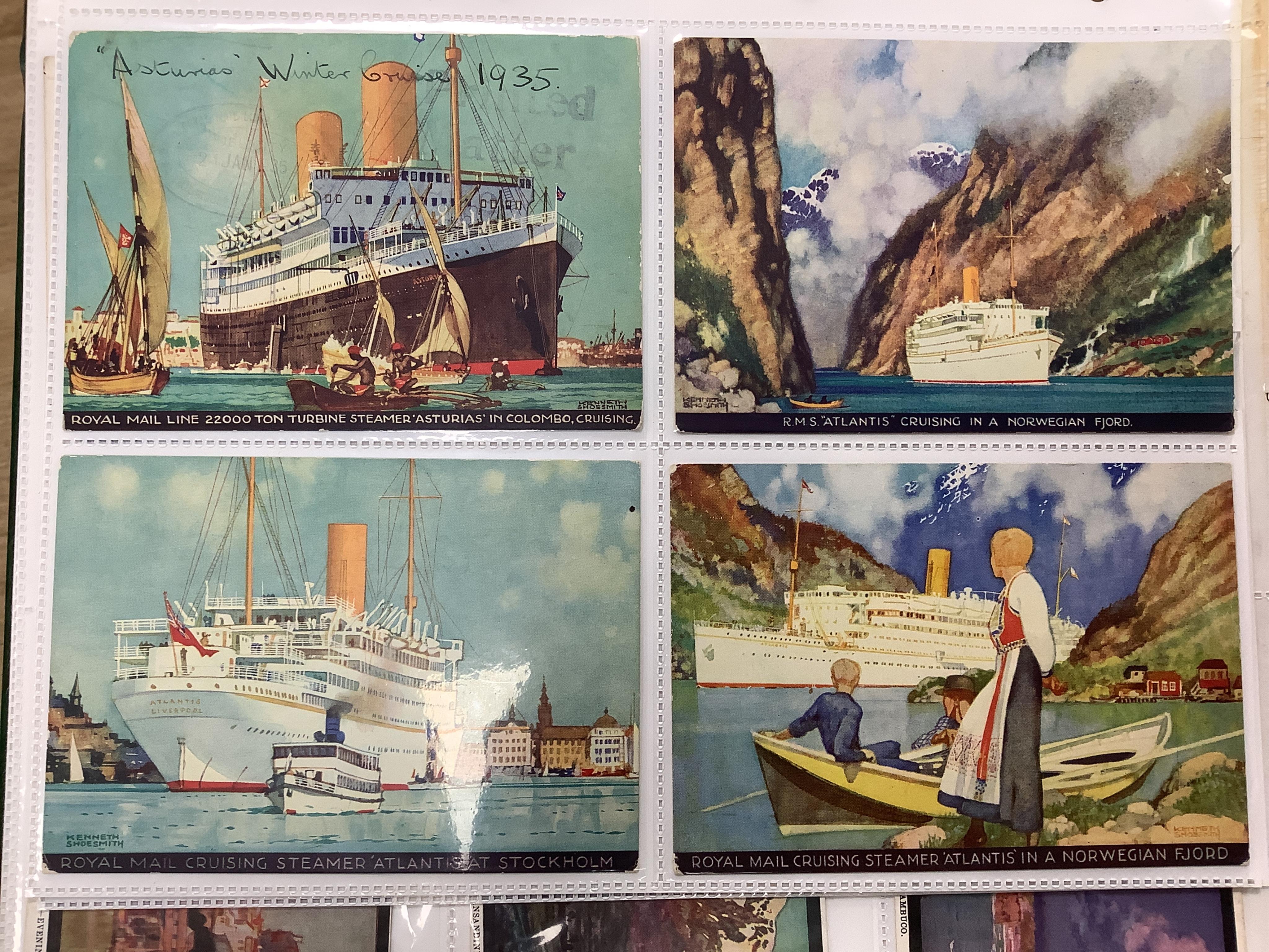 A box and two folders of postcards and a few cigarette cards, mainly relating to the Royal Mail Steam Packet Company and Royal Mail Lines Ltd., including a good quantity of 1930s and later postcards of cruise ships, many